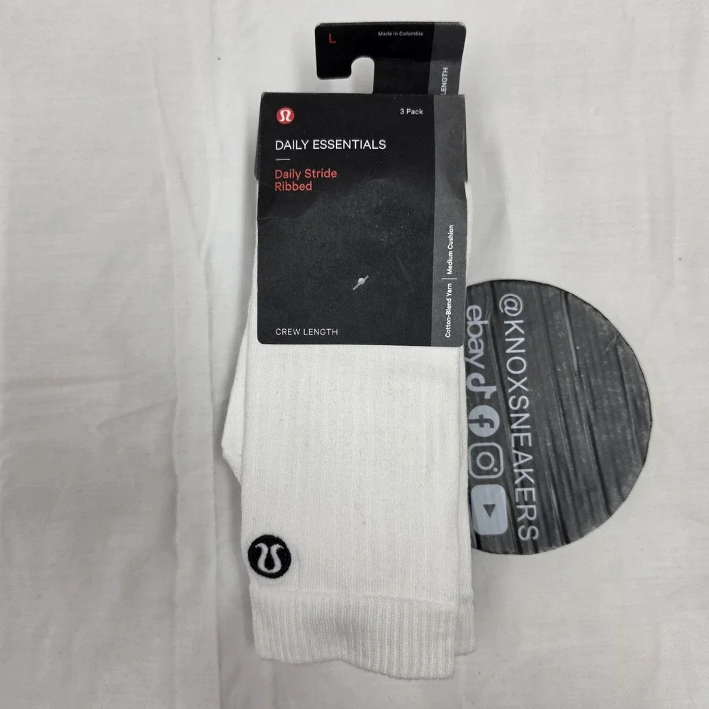 Lululemon Daily Stride Ribbed Crew Sock 3-Pack White Black Mens Size L 9.5-12